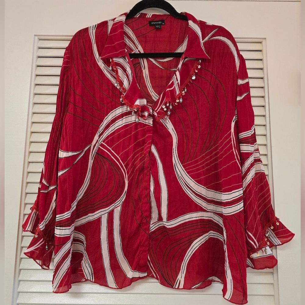 Piano - Red/White/Black Beaded Lightweight Long-Sleeve Top